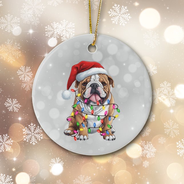 Ornamento De Cerâmica Bulldog Embalado em Luzes de Natal (Criador carregado)