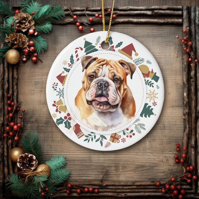 Ornamento De Cerâmica Bulldog enquadrado em imagens de Natal (Criador carregado)
