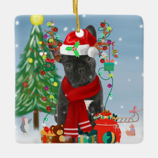Ornamento De Cerâmica Bulldog Francês em Neve com Presentes de Natal (Frente)