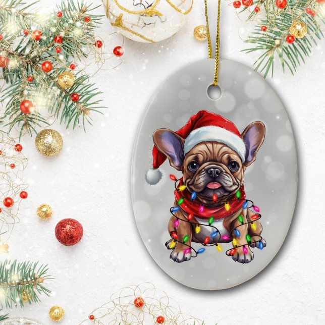 Ornamento De Cerâmica Bulldog Francês Embalado em Luzes de Natal (Criador carregado)