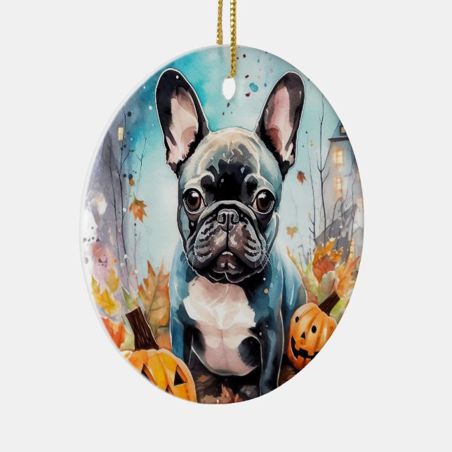 Ornamento De Cerâmica Bulldog Francês Halloween Com Pumpkins Assustado (Direito )