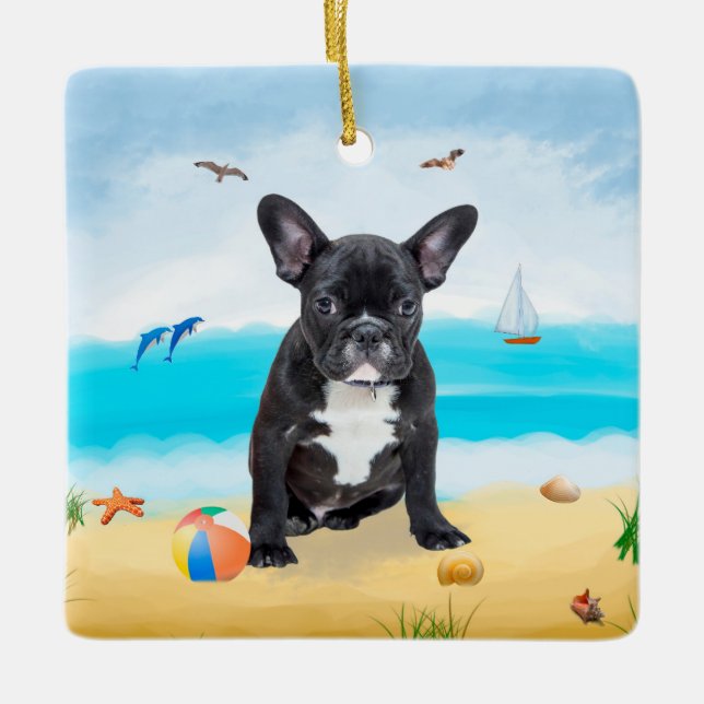 Ornamento De Cerâmica Bulldog francês na praia (Frente)