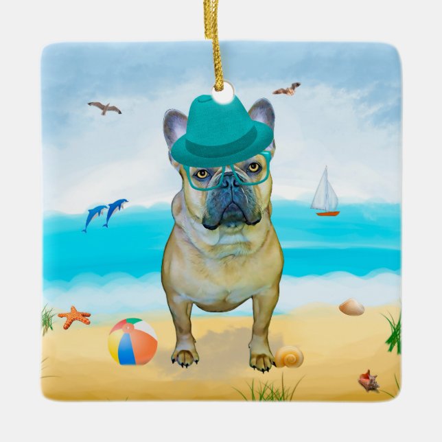 Ornamento De Cerâmica Bulldog francês na praia (Frente)