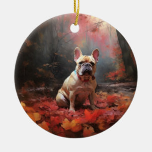 Ornamento De Cerâmica Bulldog Francês na Queda de Folhas de Outono Inspi