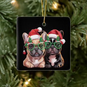 Ornamento De Cerâmica Bulldog Francês Usando Óculos de Árvore de Natal