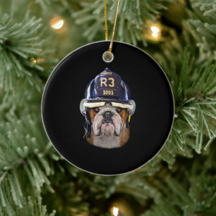 Ornamento De Cerâmica Bulldog Inglês Grumpy Vestindo Helmet para Bombeir