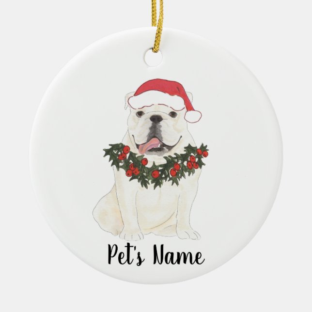 Ornamento De Cerâmica Bulldog Personalizado em Inglês (Branco) (Frente)