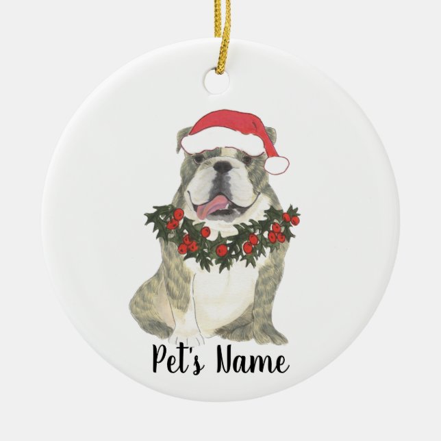 Ornamento De Cerâmica Bulldog Personalizado em Inglês (Brindle) (Frente)