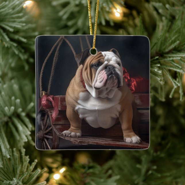 Ornamento De Cerâmica Bulldog Snowy Sleigh Decência de Natal (Árvore)