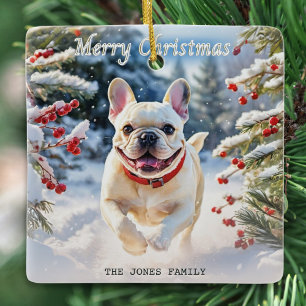 Ornamento De Cerâmica Bulldogue Francês Creme na Neve Feliz Natal