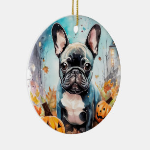 Ornamento De Cerâmica Bulldogue Francês de Halloween com Abóboras Assust