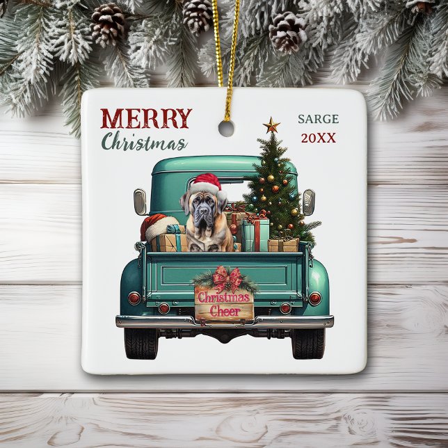 Ornamento De Cerâmica Bullmastiff Dog Retro Truck Natal (Criador carregado)