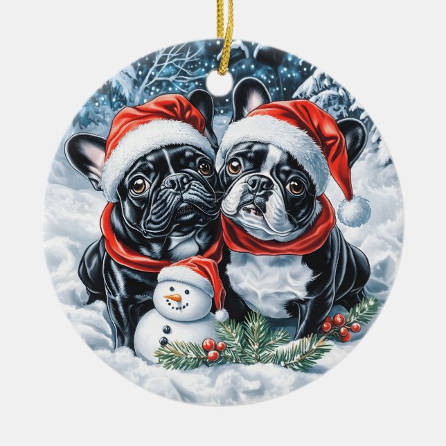 Ornamento De Cerâmica Bulls Franceses e Snowman Christmas (Frente)