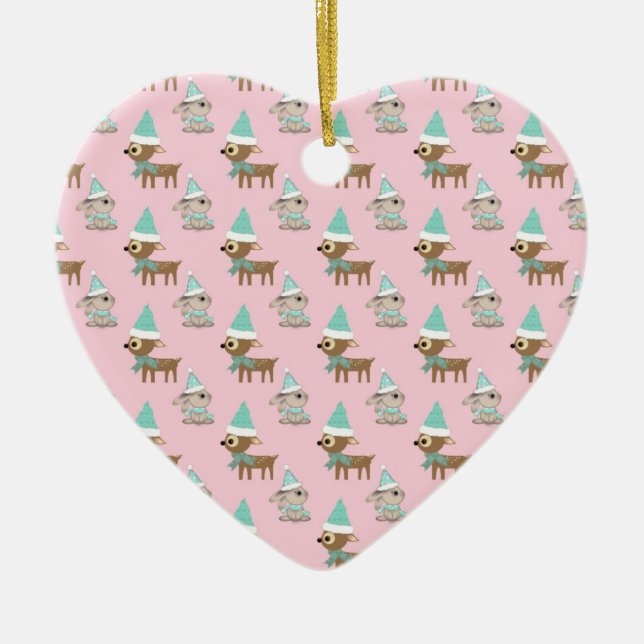 Ornamento De Cerâmica Bunnies e Reindeer sobre Feriados Rosa Pálidos (Frente)