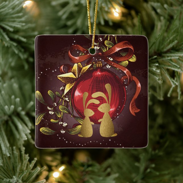 Ornamento De Cerâmica Bunnies Ouros Personalizados no Amor Natal (Árvore)