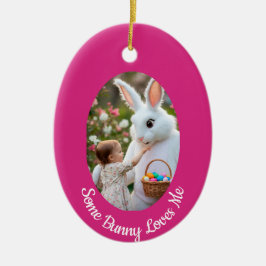 Ornamento De Cerâmica Bunny and Child photo pink blue Oval Frame Easter