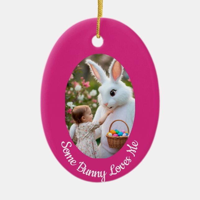 Ornamento De Cerâmica Bunny and Child photo pink blue Oval Frame Easter (Frente)