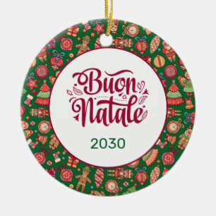 Ornamento De Cerâmica Buon Natale Folk Art Green Personalizado