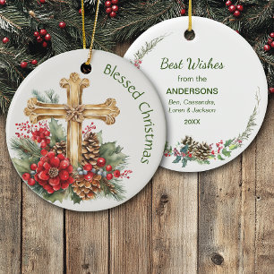 Ornamento De Cerâmica Buquê Cruz de Ouro Natal Abençoado