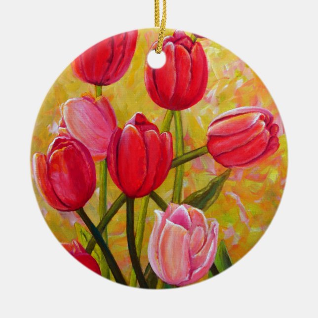 Ornamento De Cerâmica Buquê de Tulip Rosa e Vermelho (Frente)