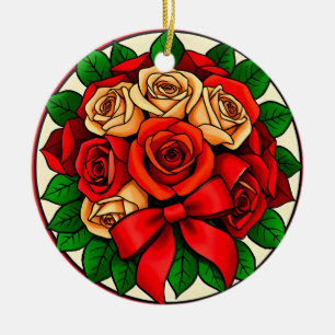 Ornamento De Cerâmica Buquê Elegante de Rosas Vermelhas e Brancas