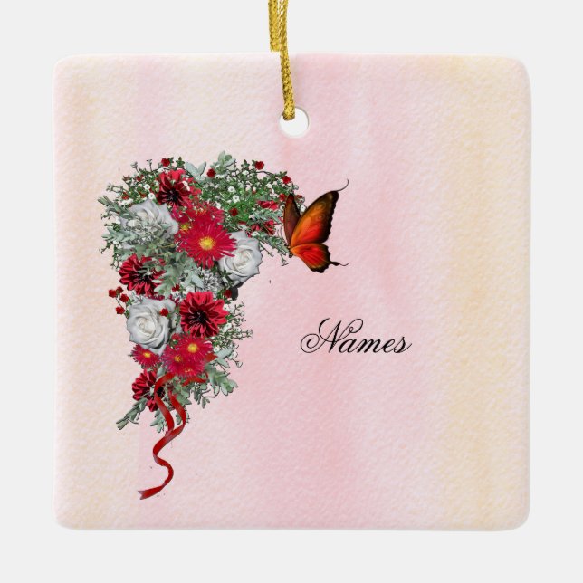 Ornamento De Cerâmica Buquês De Blush, Borgonha E Rosas Brancas Totalmen (Frente)