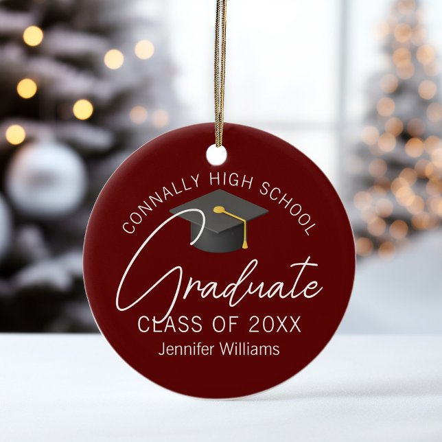 Ornamento De Cerâmica Burgundy Graduation Photo Personalized Christmas (Criador carregado)
