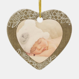 Ornamento De Cerâmica Burlap e Lace Baby Primeiro Natal