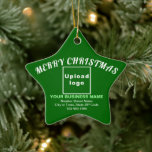 Ornamento De Cerâmica Business Christmas Green Star Ceramic Ornament<br><div class="desc">Merry Christmas! Ceramic ornament with Merry Christmas greeting texts, your business logo, business or company name, address and phone number. Designs are light green and white texts on green background and on star shape. Ornament to decorate the Christmas tree in your store, shop or office. Ornament to visually greet your...</div>