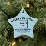 Ornamento De Cerâmica Business Christmas Light Blue Star<br><div class="desc">Merry Christmas! Ceramic ornament with Merry Christmas greeting texts, your business logo, business or company name, address and phone number. Designs are dark blue and black texts on light blue background and on star shape. Ornament to decorate the Christmas tree in your store, shop or office. Ornament to visually greet...</div>