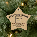 Ornamento De Cerâmica Business Christmas Light Brown Star<br><div class="desc">Merry Christmas! Ceramic ornament with Merry Christmas greeting texts, your business logo, business or company name, address and phone number. Designs are dark brown and black texts on light brown background and on star shape. Ornament to decorate the Christmas tree in your store, shop or office. Ornament to visually greet...</div>