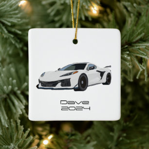 Ornamento De Cerâmica C8 Corvette Sports Car White Mão Desenhada