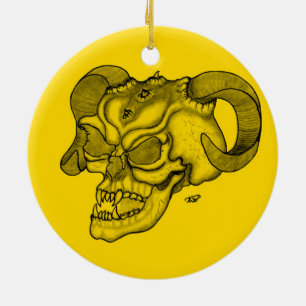 Ornamento De Cerâmica Cabeça do diabo preto e Design amarelo