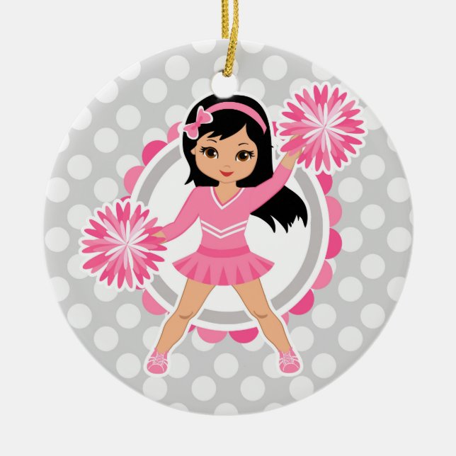 Ornamento De Cerâmica Cabelo Preto Rosa Cheerleader - Alegre Bonito (Frente)