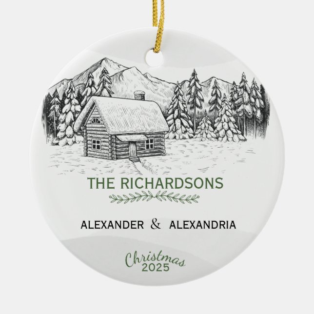 Ornamento De Cerâmica Cabina de inverno Snowy Mountain (Frente)