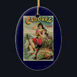 Ornamento De Cerâmica Cabourg, France Beach Resort, Viagens vintage Art<br><div class="desc">Ilustração de Vintage Etiqueta europeia de poster de viagens ou bagagem para Cabourg,  França,  por Edouard Elzingre,  com uma mulher morena numa roupa de banho à moda antiga a brincar nas ondas da praia. Cabourg é uma cidade de resort no oceano na região Normandia de França.</div>
