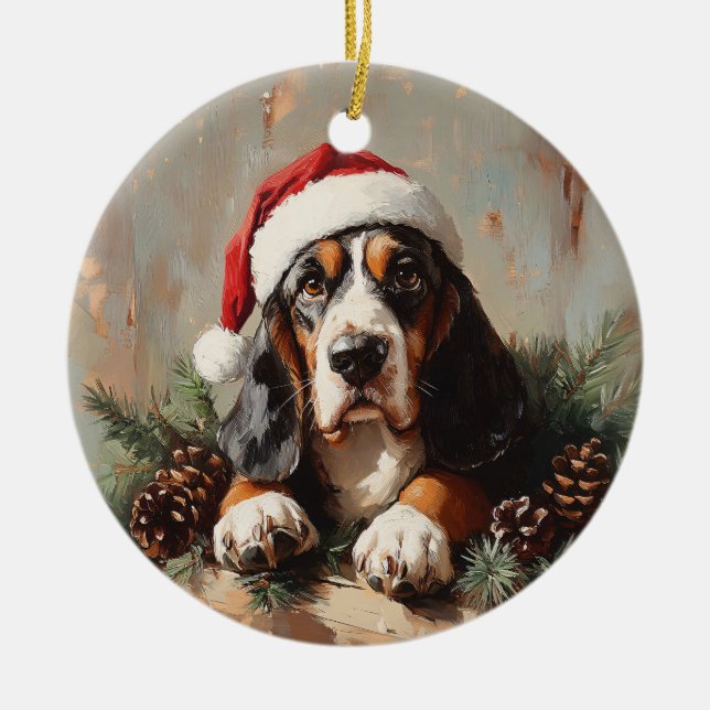 Ornamento De Cerâmica Caça-Basset numa Pintura a Óleo de Santa Hat (Frente)