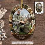 Ornamento De Cerâmica Caça de Camuflagem Personalizada numa Foto<br><div class="desc">O ornamento oval de camuflagem russa personalizado com sua foto e texto personalizado. A amostra comemora uma foto de cervo BIGGEST BUCK do caçador, mas o texto é editável para suas necessidades. O design é duplicado no verso. Ideal para fotos ao ar livre como acampar, caminhar, etc. ALTERAÇÕES: O estilo,...</div>