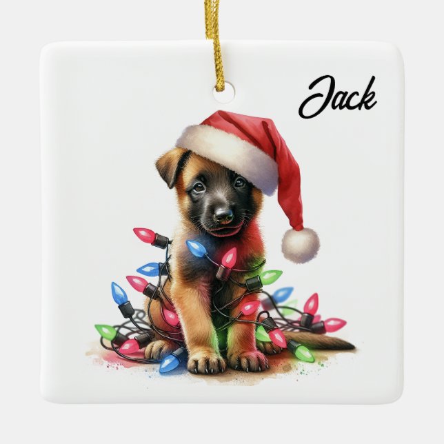 Ornamento De Cerâmica Cachorrinho personalizado de Natal Malinois Belga (Frente)