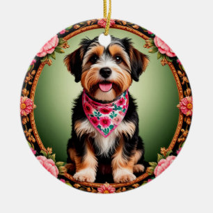 Ornamento De Cerâmica Cachorro Adorável Enquadrado por Flores Coloridas