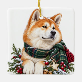 ORNAMENTO DE CERÂMICA CACHORRO AKITA DE NATAL FOFO ADORÁVEL