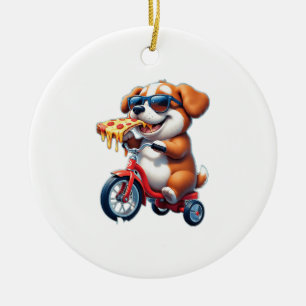 Ornamento De Cerâmica cachorro andando de bicicleta comendo pizza