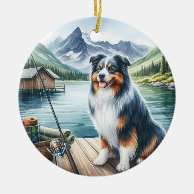 Ornamento De Cerâmica Cachorro Australian Shepherd Personalizado - Pesca (Frente)