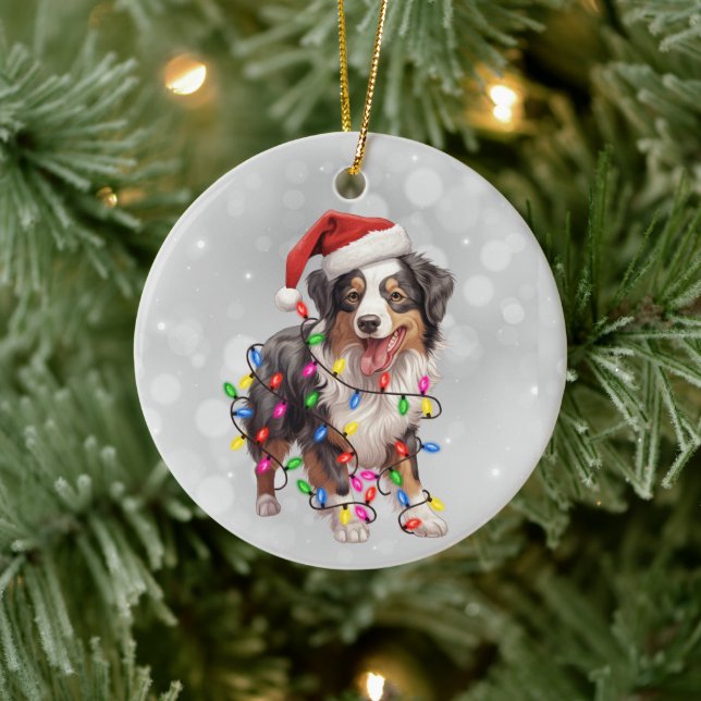 Ornamento De Cerâmica Cachorro Australiano em Luzes de Natal (Árvore)