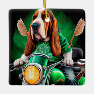 Ornamento De Cerâmica Cachorro Basset Hound dirigindo bicicleta Dia de S
