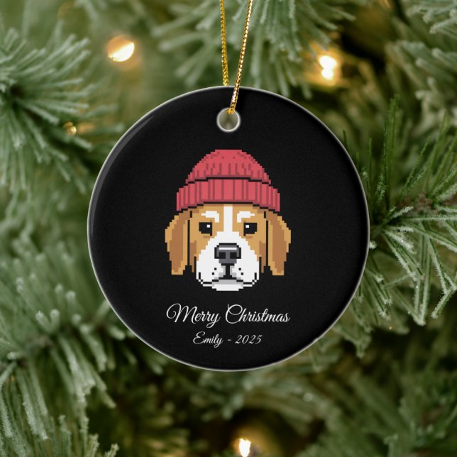 Ornamento De Cerâmica Cachorro Beagle de Arte Pixel com Chapéu de Invern (Árvore)