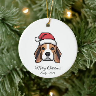 Ornamento De Cerâmica Cachorro Beagle de Pixel Art Fofo com Chapéu de Pa