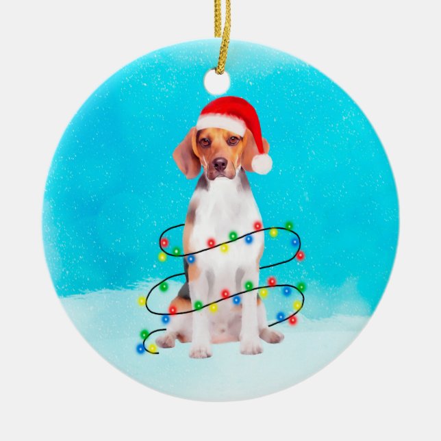 Ornamento De Cerâmica Cachorro Beagle Sentado Nas Luzes De Natal Da Prai (Frente)
