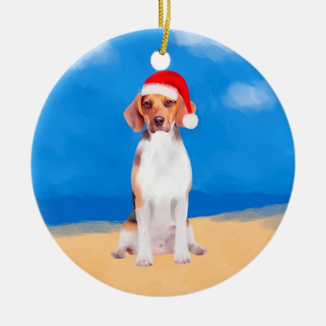 Ornamento De Cerâmica Cachorro Beagle Sentado No Chapéu De Natal Da Prai (Frente)