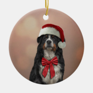 Ornamento De Cerâmica Cachorro Bernese em chapéu vermelho de Papai Noel